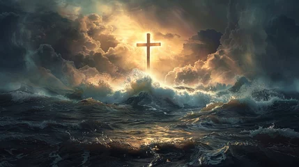 Foto op Plexiglas The cross of Jesus Christ shines through storm clouds over the ocean with big waves. ai generated. © naphat