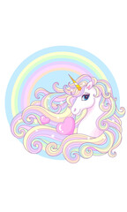 The head of a cartoon unicorn with a long mane on a rainbow background. Cute fantastic animal. For children's design of prints, posters, cards, stickers, puzzles, etc. Vector