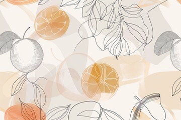 Minimalist one-line drawing multiple organic and fruits seamless pattern