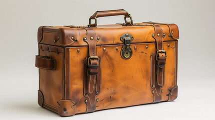 Vintage leather suitcase with straps and buckles on a neutral background.