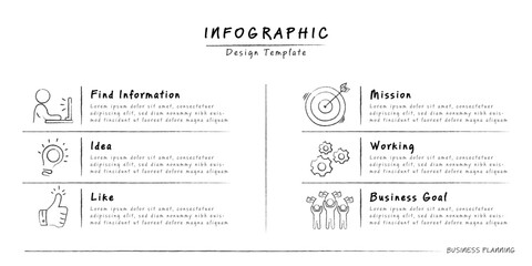 Infographic doodle design template. Hand drawn Timeline concept with 6 options or steps template. layout, diagram, annual, report, presentation. Vector illustration.