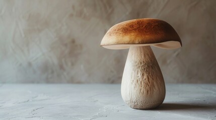 Mushroom on a concrete background. Studio food editorial photo of mushroom, creating a serene still-life composition. - obrazy, fototapety, plakaty