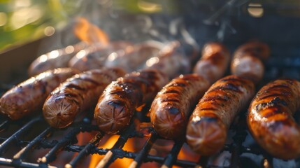 Juicy sausages on a homemade grill - obrazy, fototapety, plakaty
