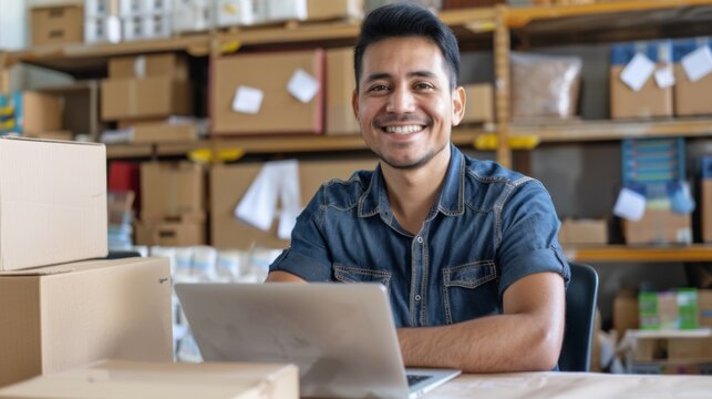 Small business owner is working on a laptop in the warehouse