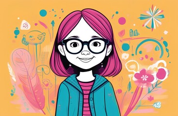 Cheerful Young Girl Wearing Stylish Glasses in Vibrant Artistic Portrait