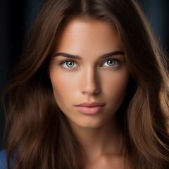 Obraz premium Portrait of a beautiful young woman with long brown hair and green eyes, isolated on dark background