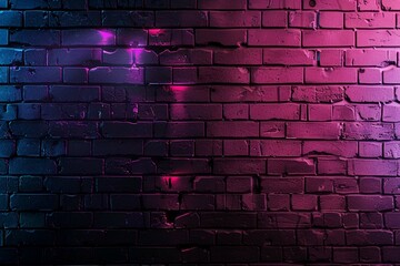 Black brick wall background with neon lighting effect from pink and purple to blue. Glowing lights...