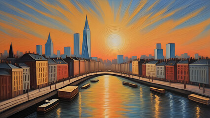 Stylized cityscape painting with river, bridges, and a vibrant sunset sky.