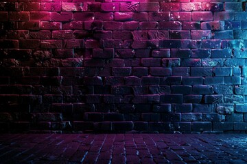 Black brick wall background with neon lighting effect from pink and purple to blue. Glowing lights...