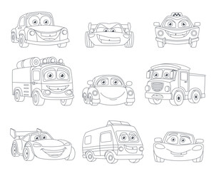 Obraz premium color book cars. black and white outlined flat simple vehicle van golf microcars collection, logo label print patch or sticker. vector items set.