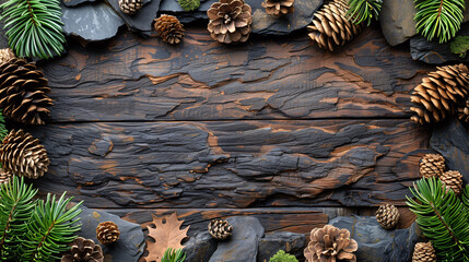 Rustic wooden background framed by pine cones, branches, and leaves, ideal for seasonal designs.