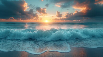 beautiful nature landscape scene,  wave crashing beach at sunrise time, summer morning new dawn at tropical island , Generative Ai