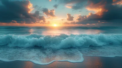 Papier Peint photo Vert bleu beautiful nature landscape scene,  wave crashing beach at sunrise time, summer morning new dawn at tropical island , Generative Ai
