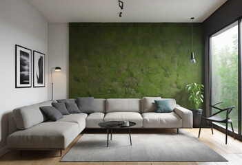 Modern living loft room interior with couch against moss wall