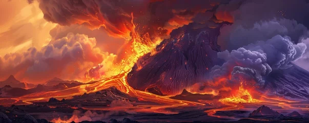 Poster Volcanic eruption with lava flows and ash clouds © iVGraphic