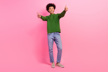 Photo of happy smiling guy standing with thumb up symbol show high quality isolated pastel color background