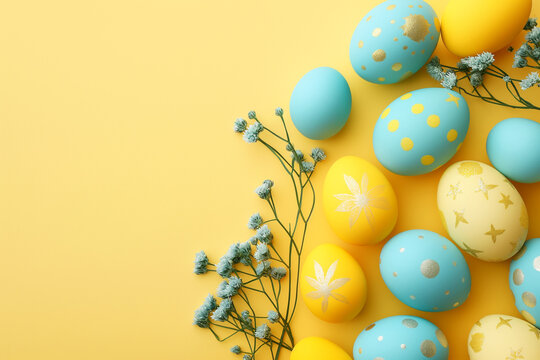 Handmade decorated blue Easter eggs on yellow background