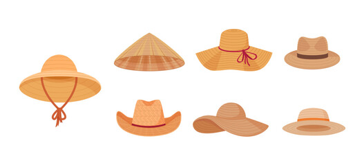 straw hats set. cartoon different shaped hats collection of gardener, farmer agricultural worker, headwear accessories. vector cartoon items collection.
