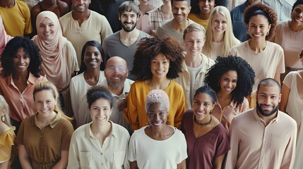 High Angle Shot Large Group of Multi-Ethnic People Smiling