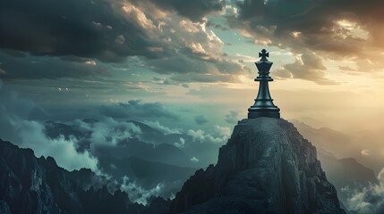 King of the World Concept: Chess King on Mountain Top - obrazy, fototapety, plakaty