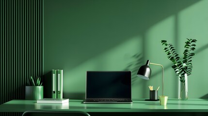 Laptop on desk in modern green office