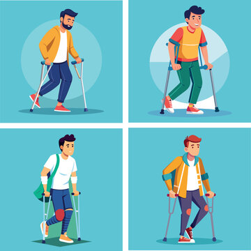 walkers, crutches, illness, man, person, physical, legs, load, vector, art, illustration, disabled, inclusive