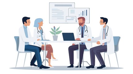 A group of dedicated doctors engage in an animated discussion, brainstorming medical advancements around a table filled with papers and laptops.