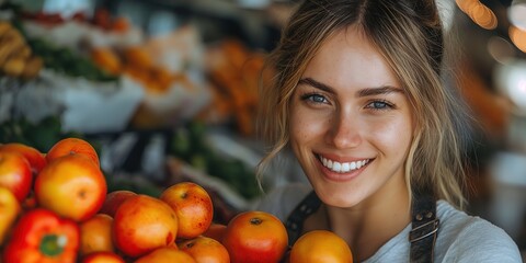 Fototapeta na wymiar happy woman grocery store staff smiling while working, Generative Ai