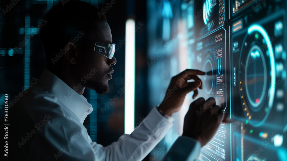 Poster data scientist analyzing data on a virtual display screen, modern digital data visualization, data s