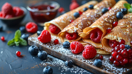 Delicious crepes with fresh berries and jam on a dark background, dusted with powdered sugar. - obrazy, fototapety, plakaty