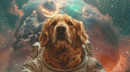 Golden Retriever dog wearing a space suit Floating in the colored sky
