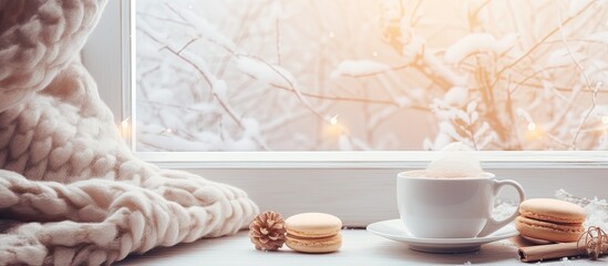 A wooden table with a saucer, teacup, and macarons on a window sill. The cup of coffee sits elegantly next to the dishware - obrazy, fototapety, plakaty