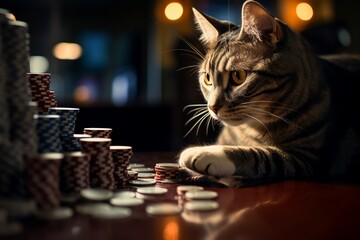 Cat flicking a poker chip, cunning glance, ambient casino light, side angle, sharp,professional color grading,soft shadowns, no contrast, clean sharp,clean sharp focus, digital photography
