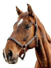 Chestnut horse with bridle on transparent background - stock png.