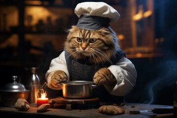 Cat stirring a pot, wearing a tiny chef outfit, warm kitchen light, front view,professional color grading,soft shadowns, no contrast, clean sharp,clean sharp focus, digital photography