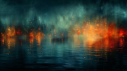 Abstract cityscape with blurred lights and water reflections