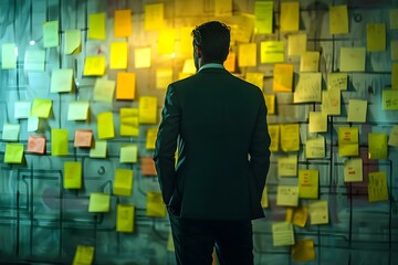 A businessman in a detective mode analyzing sticky note connections on wall. Concept Businessman, Detective Mode, Analyzing, Sticky Notes, Wall Connections - obrazy, fototapety, plakaty
