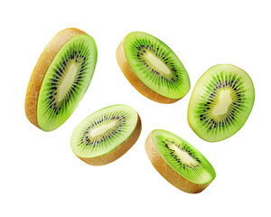 falling  slices of kiwi fruit on white transparent background