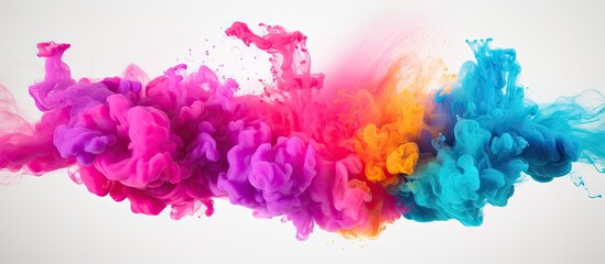 A colorful geological phenomenon is depicted in an artful painting, with purple, pink, and violet smoke rising from the water on a white background - obrazy, fototapety, plakaty