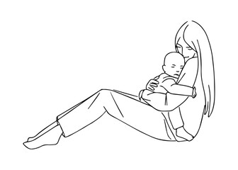 Happy Mother day card. Continuous line drawing. Woman hold her baby. Vector illustration