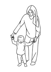 Happy Mother day card. The child learns to walk with his mother. Vector illustration
