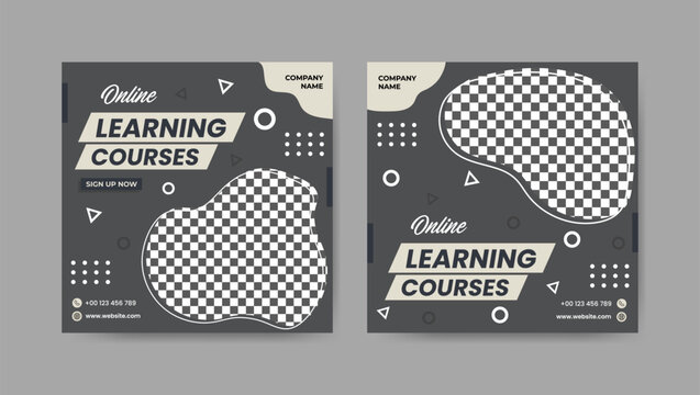 Collection of trendy geometric digital study, online learning courses social media post templates. Square banner design background.