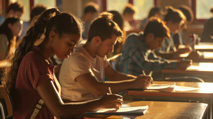 Students are concentrated on writing in a sunlit classroom.