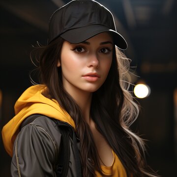 a woman wearing a black hat and yellow jacket
