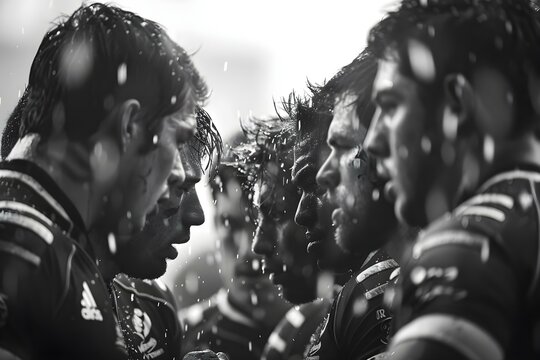 Men in rugby uniforms huddle in a scrum during a match. Concept Sports, Rugby, Men's Fashion, Teamwork, Competition - Powered by Adobe