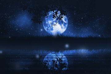full moon and grass and calm river at nightscape