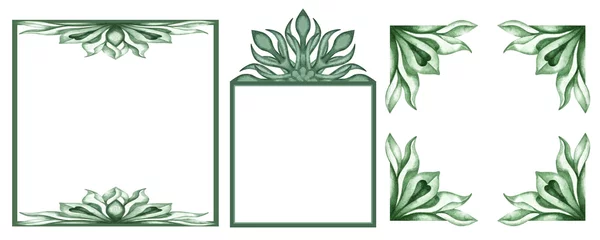 Foto op Plexiglas Watercolor monochrome green frame of abstract plant patterns and branches with leaves for borders, frames, background, textiles, fabrics, cards, stickers, scrapbooking, invitations, greetings © el_suhova