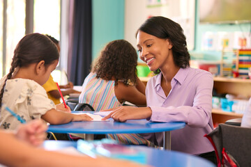 Female Primary Or Elementary School Teacher Helping Students At Desks In Multi-Cultural Class  - 763112394