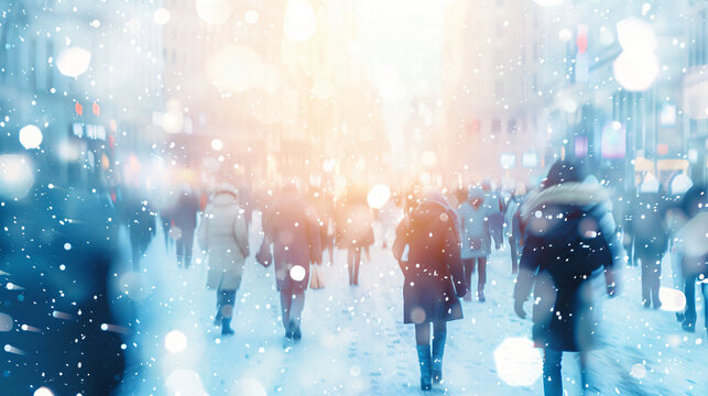 Winter city commuters with snow. Blurred image of work