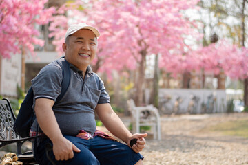 Asian middle-aged man in white cap and has backpack sitting and smiling in front of sakura flower...